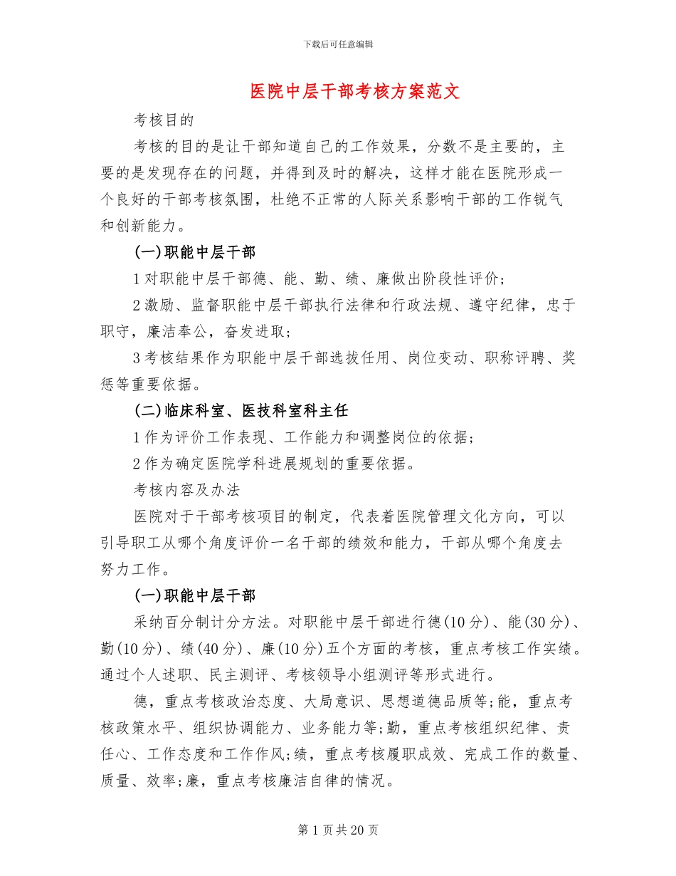 医院中层干部考核方案范文_第1页
