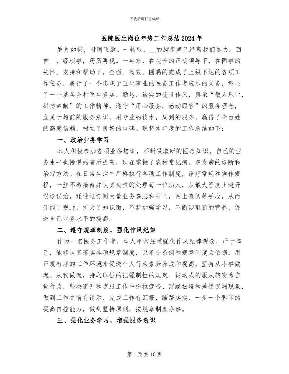 医院医生岗位年终工作总结2024年_第1页
