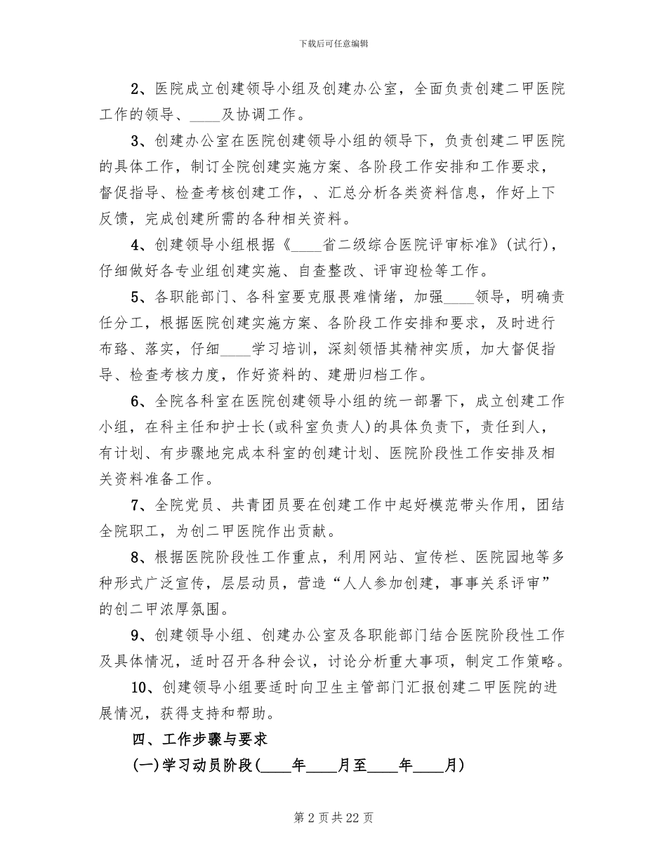 医院创建二甲医院工作实施方案范本_第2页