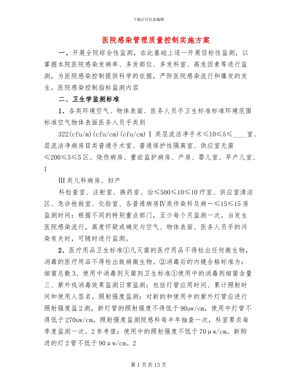 医院感染管理质量控制实施方案_第1页