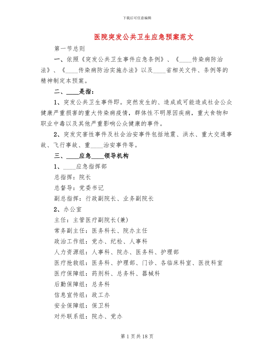 医院突发公共卫生应急预案范文_第1页