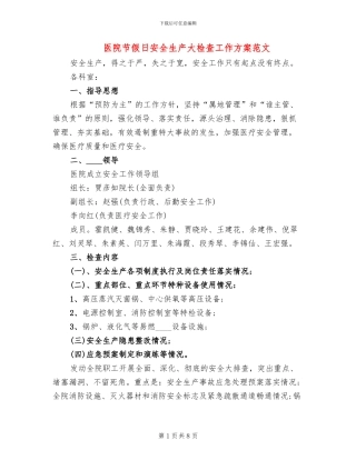 医院节假日安全生产大检查工作方案范文