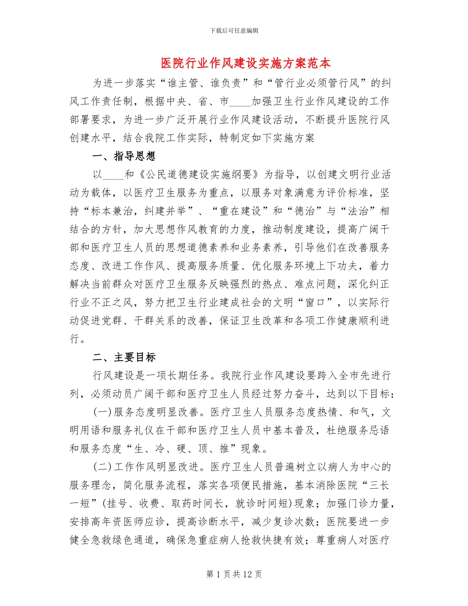 医院行业作风建设实施方案范本_第1页