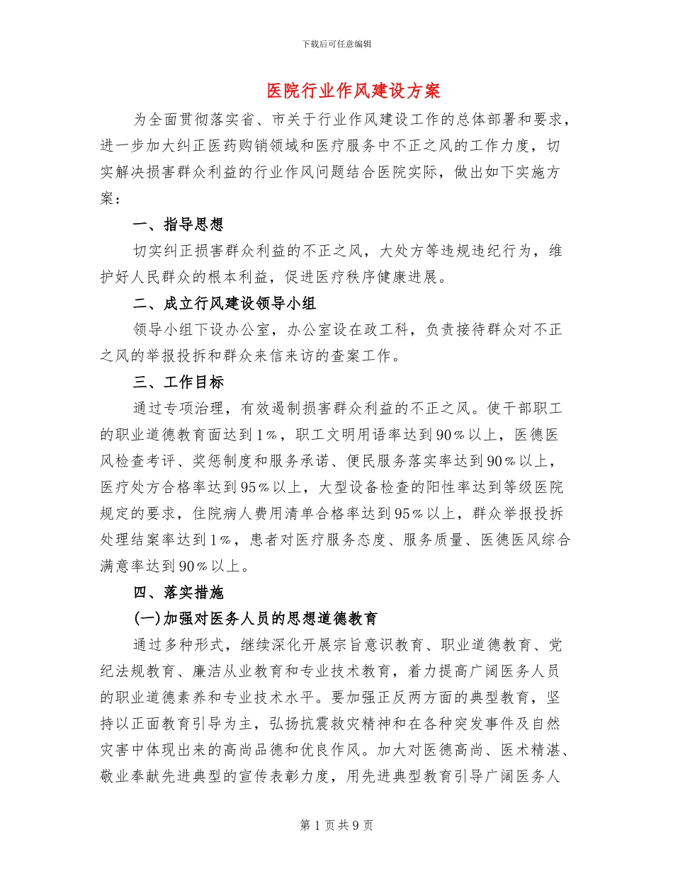 医院行业作风建设方案_第1页