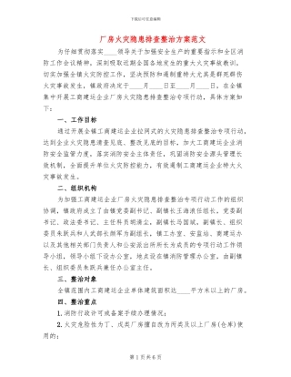 厂房火灾隐患排查整治方案范文