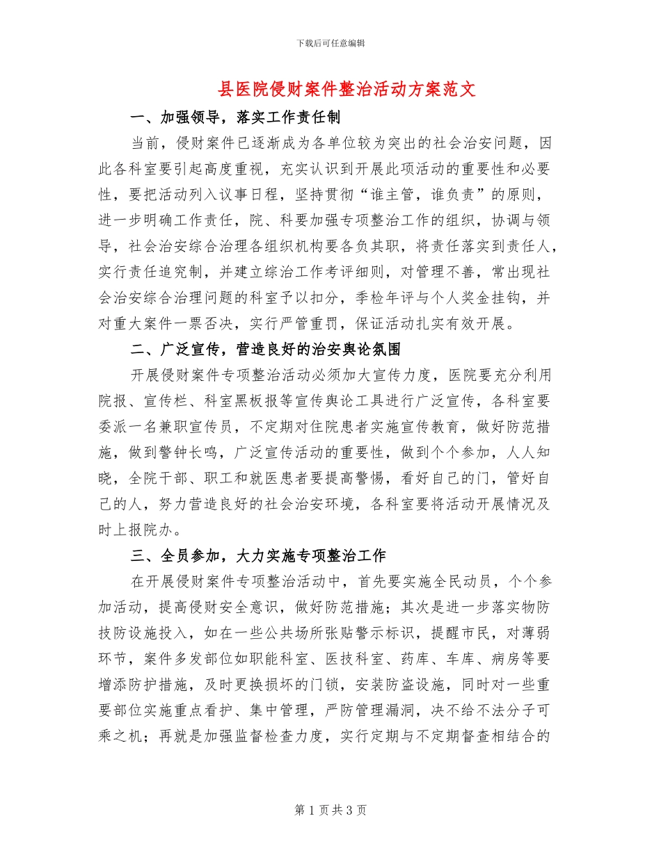 县医院侵财案件整治活动方案范文_第1页