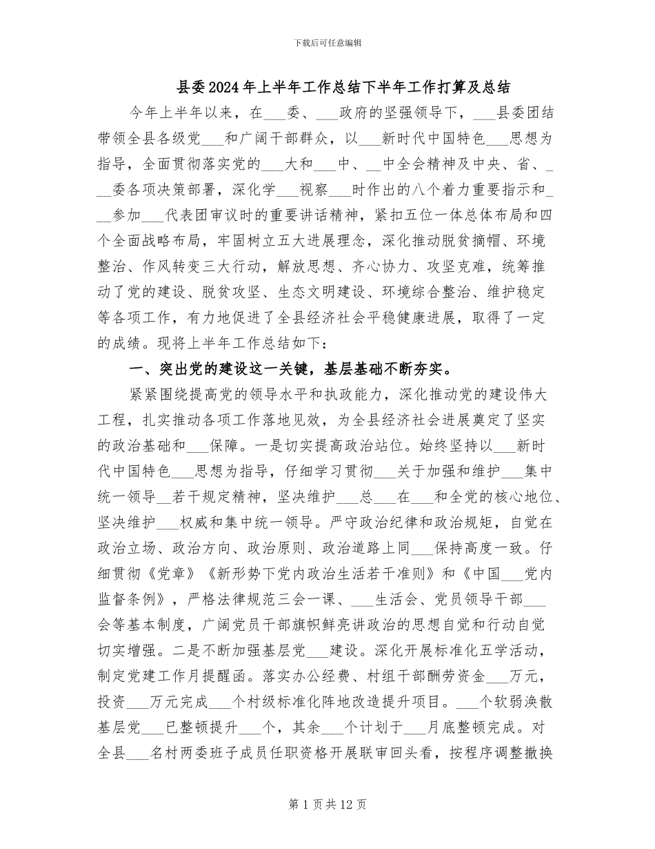 县委2024年上半年工作总结下半年工作打算及总结_第1页