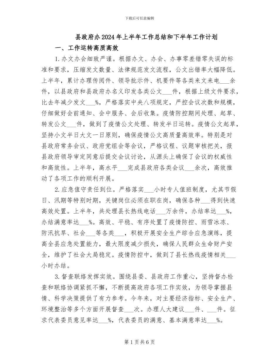 县政府办2024年上半年工作总结和下半年工作计划_第1页