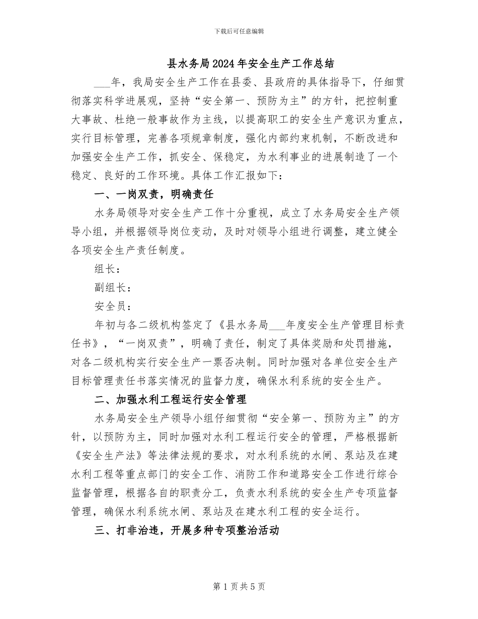 县水务局2024年安全生产工作总结_第1页