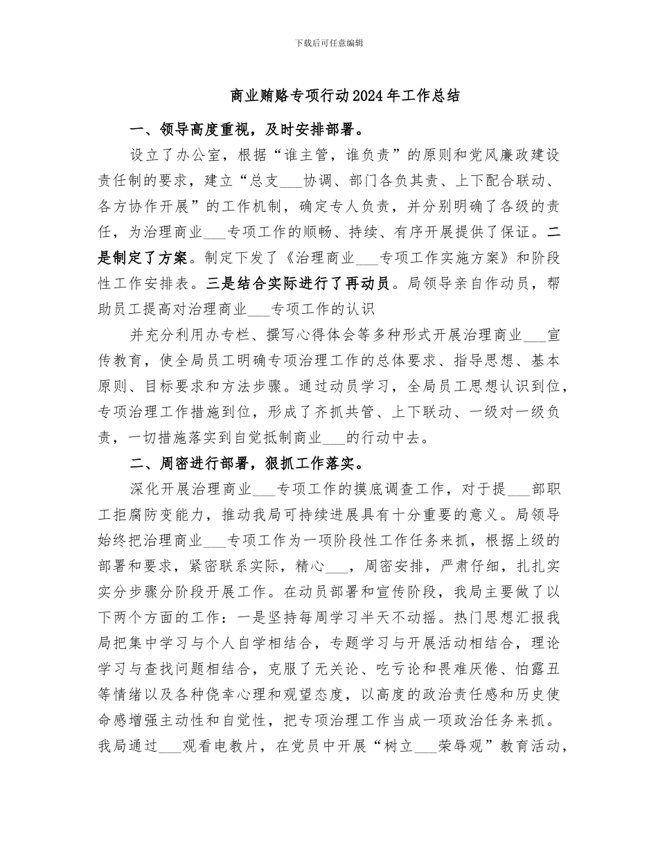 商业贿赂专项行动2024年工作总结_第1页