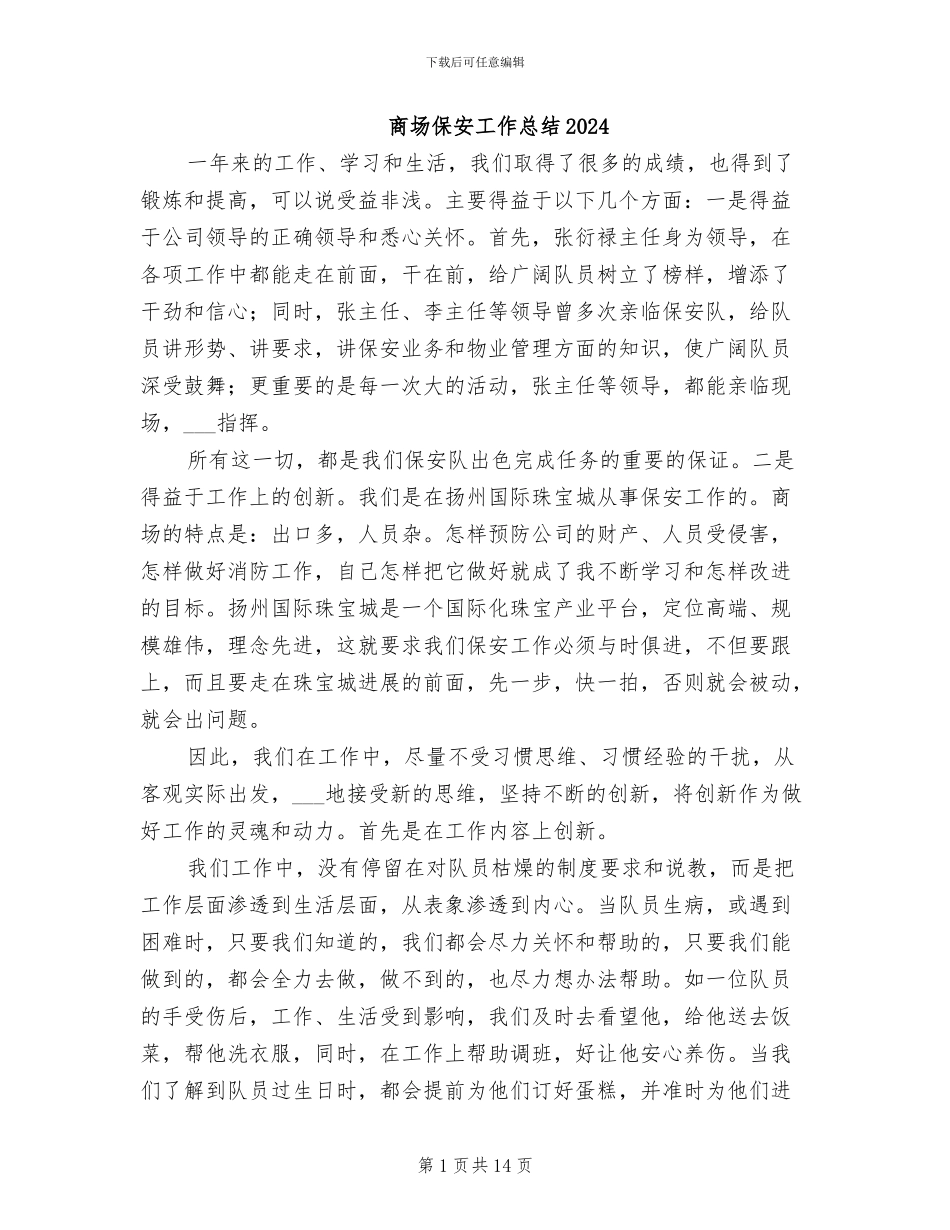 商场保安工作总结2024_第1页