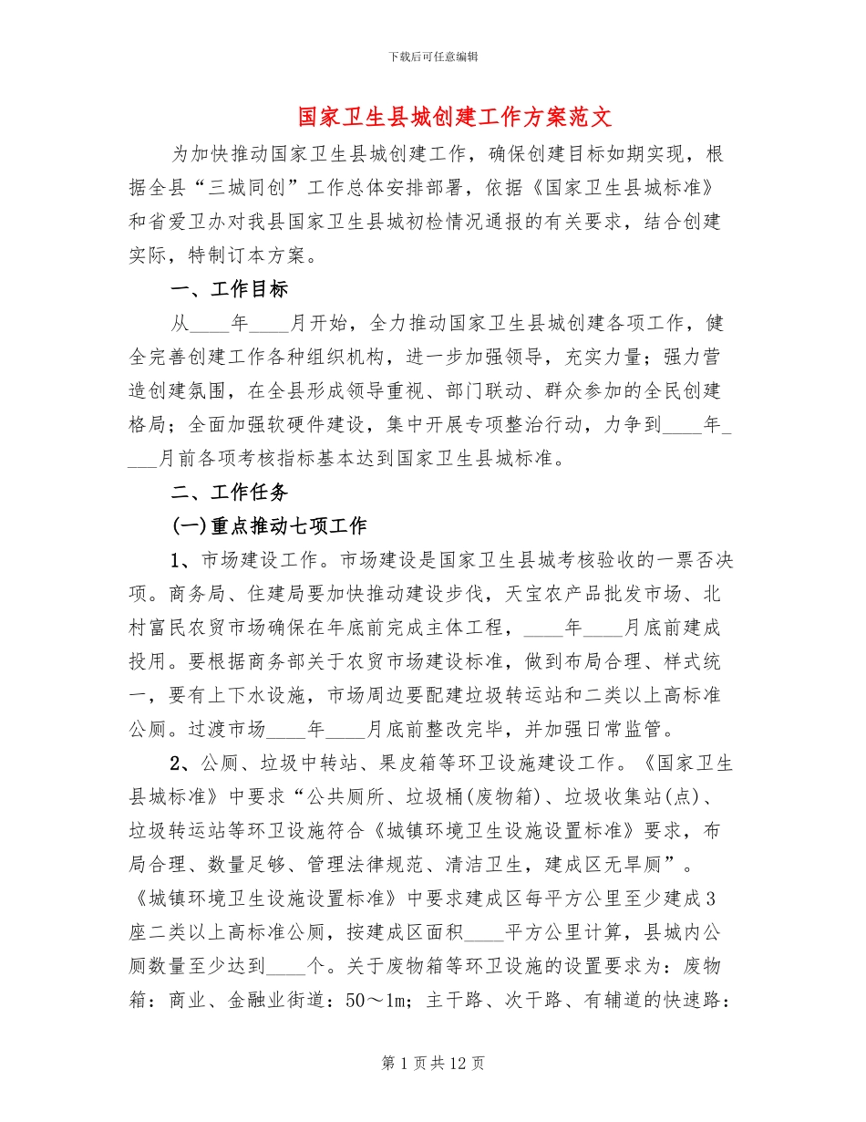 国家卫生县城创建工作方案范文_第1页