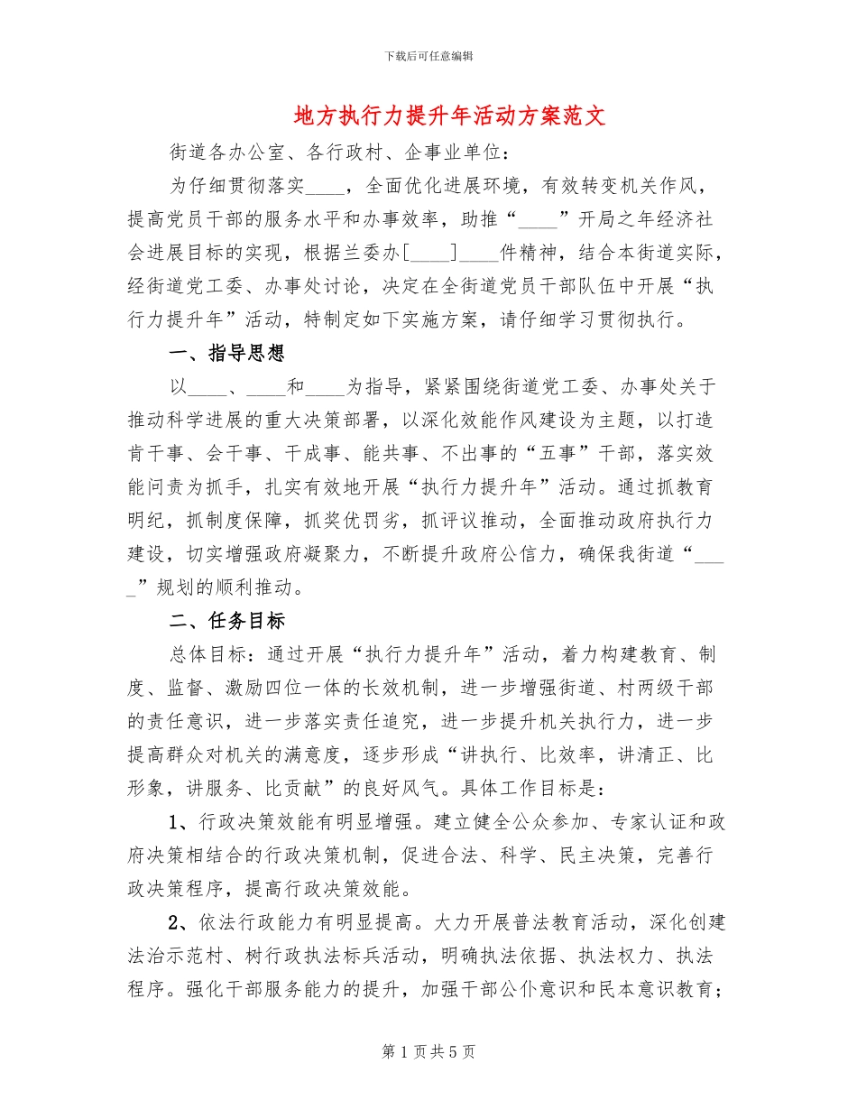 地方执行力提升年活动方案范文_第1页
