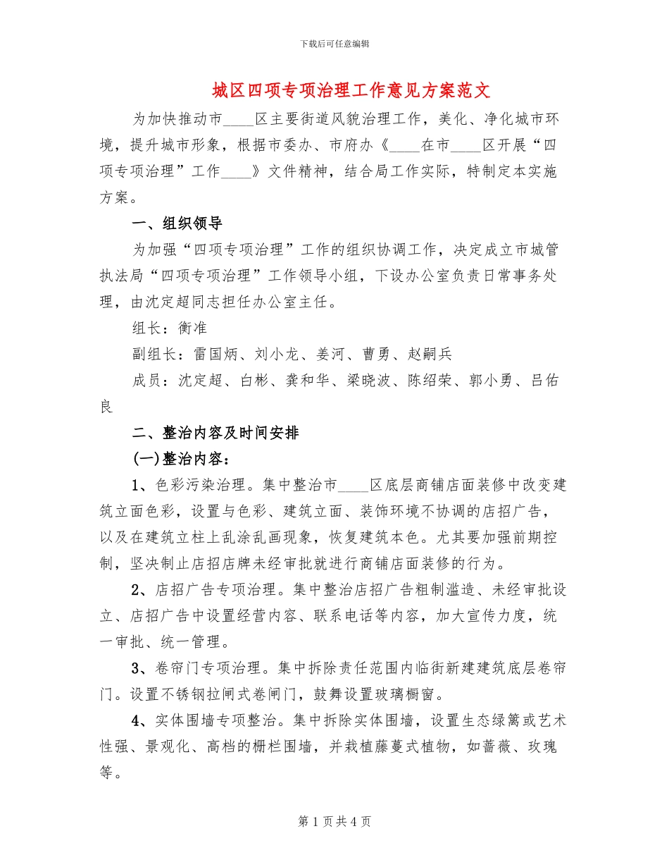 城区四项专项治理工作意见方案范文_第1页