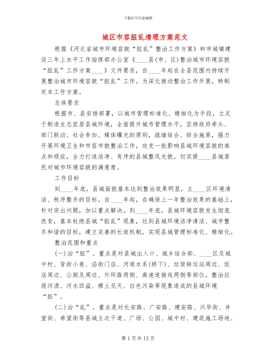 城区市容脏乱清理方案范文_第1页