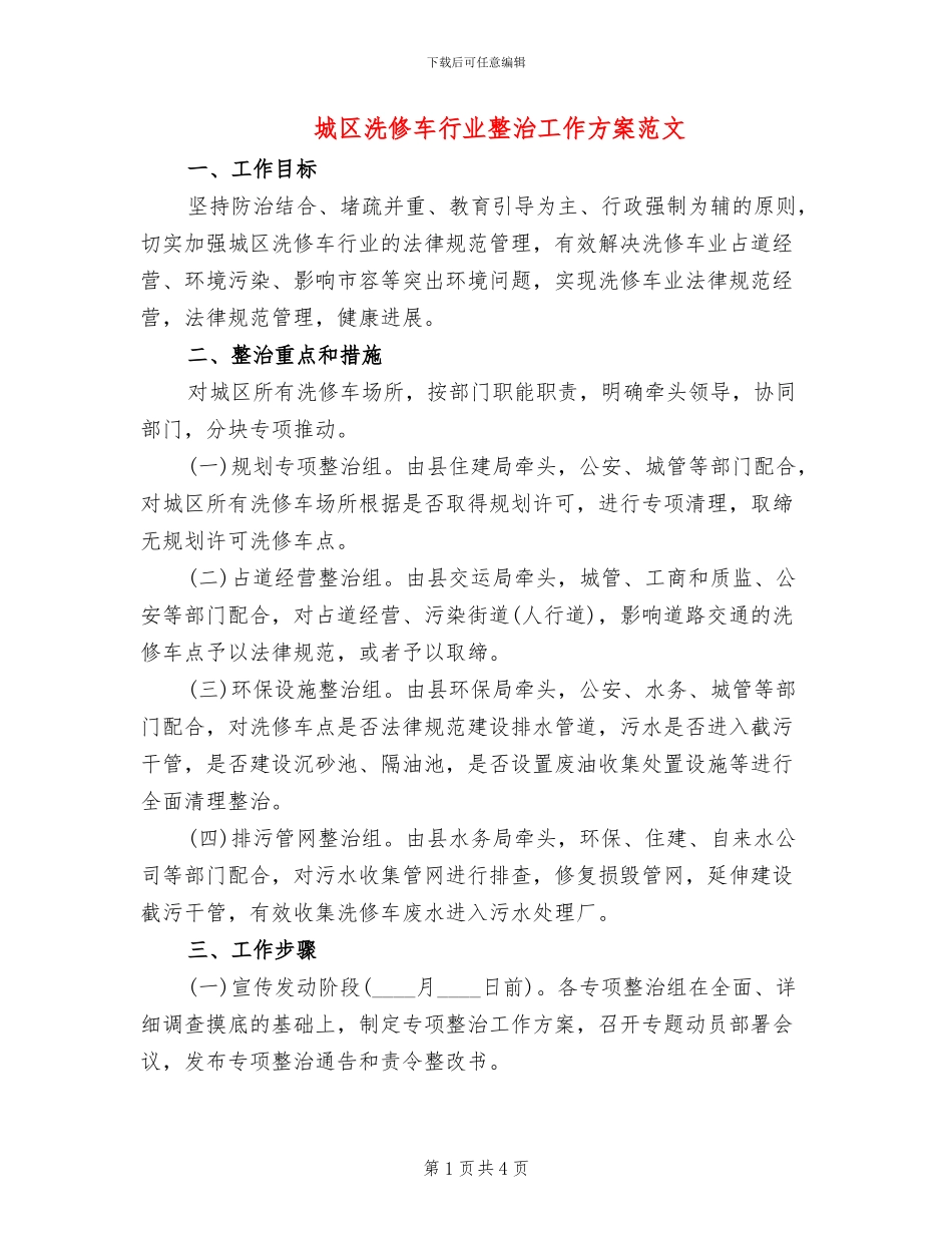 城区洗修车行业整治工作方案范文_第1页