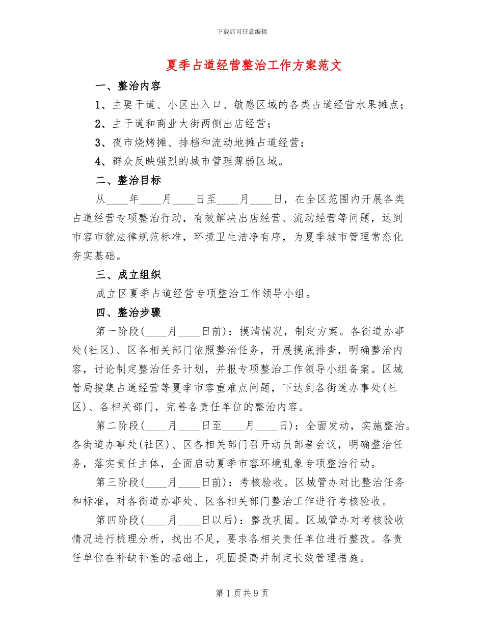 夏季占道经营整治工作方案范文_第1页