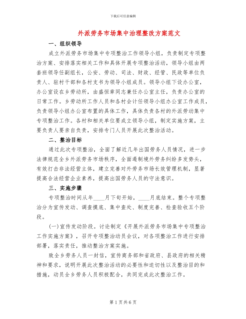 外派劳务市场集中治理整改方案范文_第1页