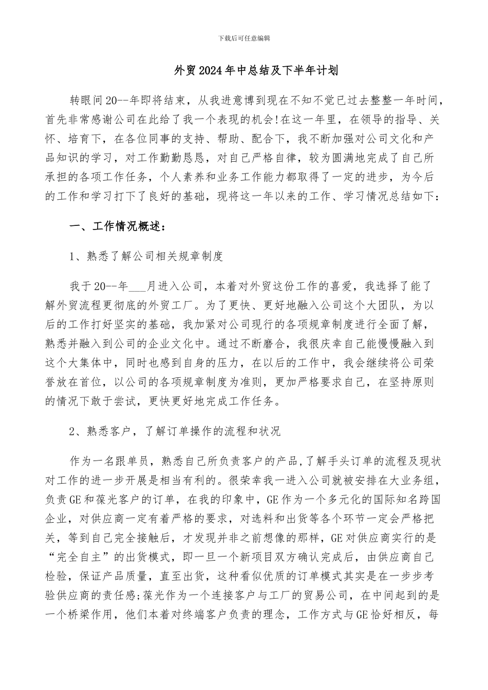 外贸2024年中总结及下半年计划_第1页