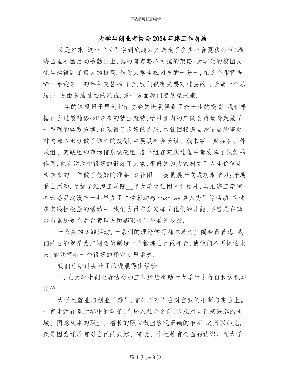 大学生创业者协会2024年终工作总结_第1页