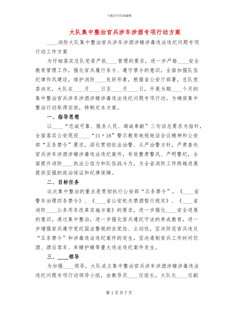 大队集中整治官兵涉车涉酒专项行动方案_第1页