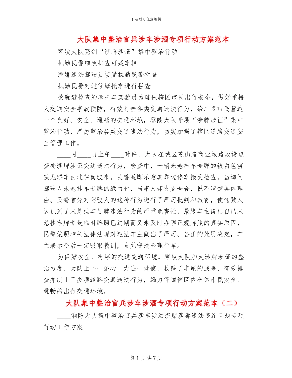 大队集中整治官兵涉车涉酒专项行动方案范本_第1页