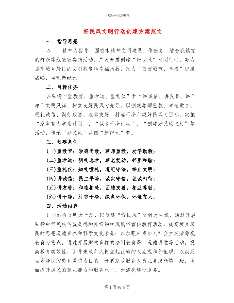 好民风文明行动创建方案范文_第1页