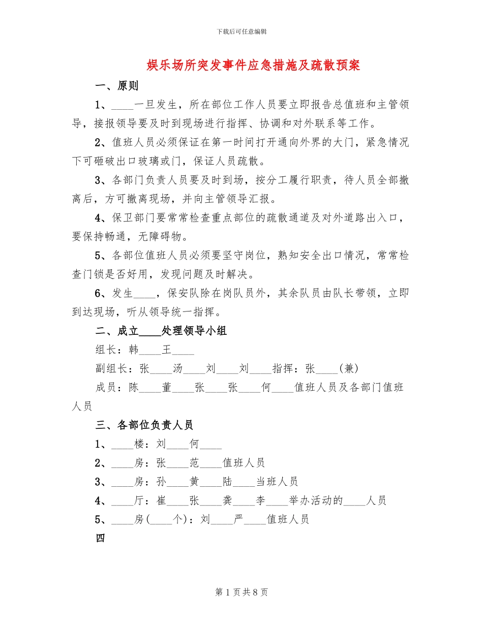 娱乐场所突发事件应急措施及疏散预案_第1页