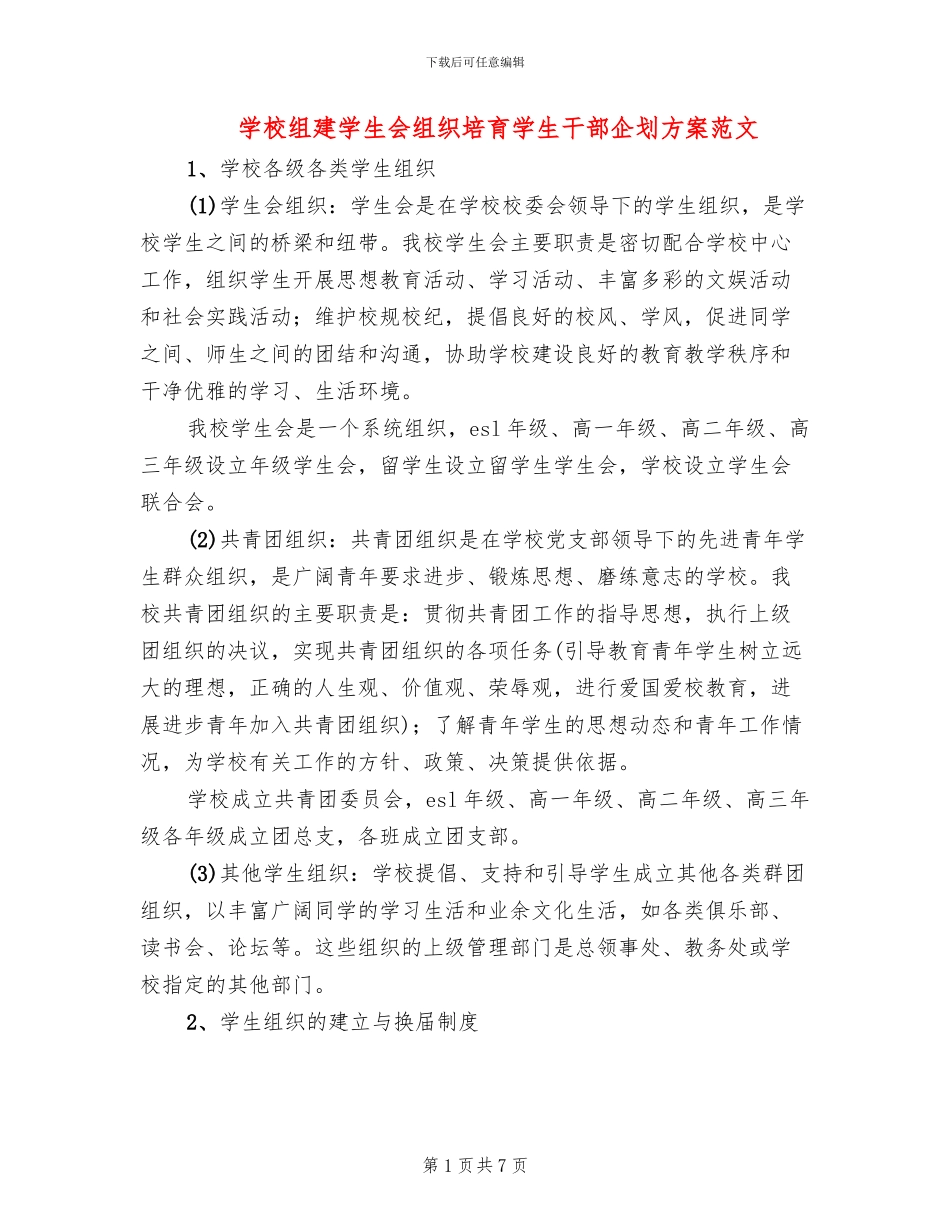 学校组建学生会组织培养学生干部企划方案范文_第1页
