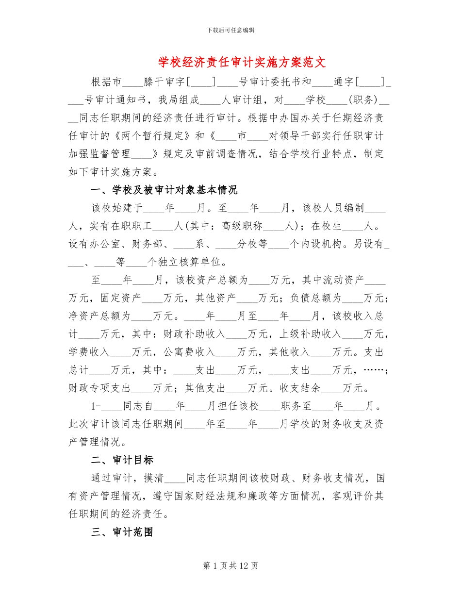 学校经济责任审计实施方案范文_第1页