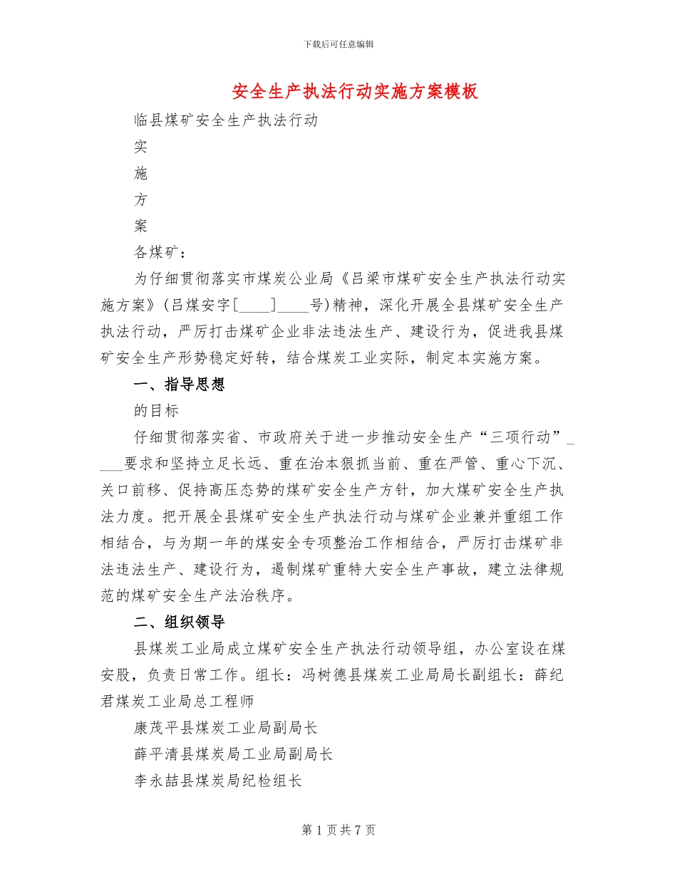 安全生产执法行动实施方案模板(2篇)_第1页