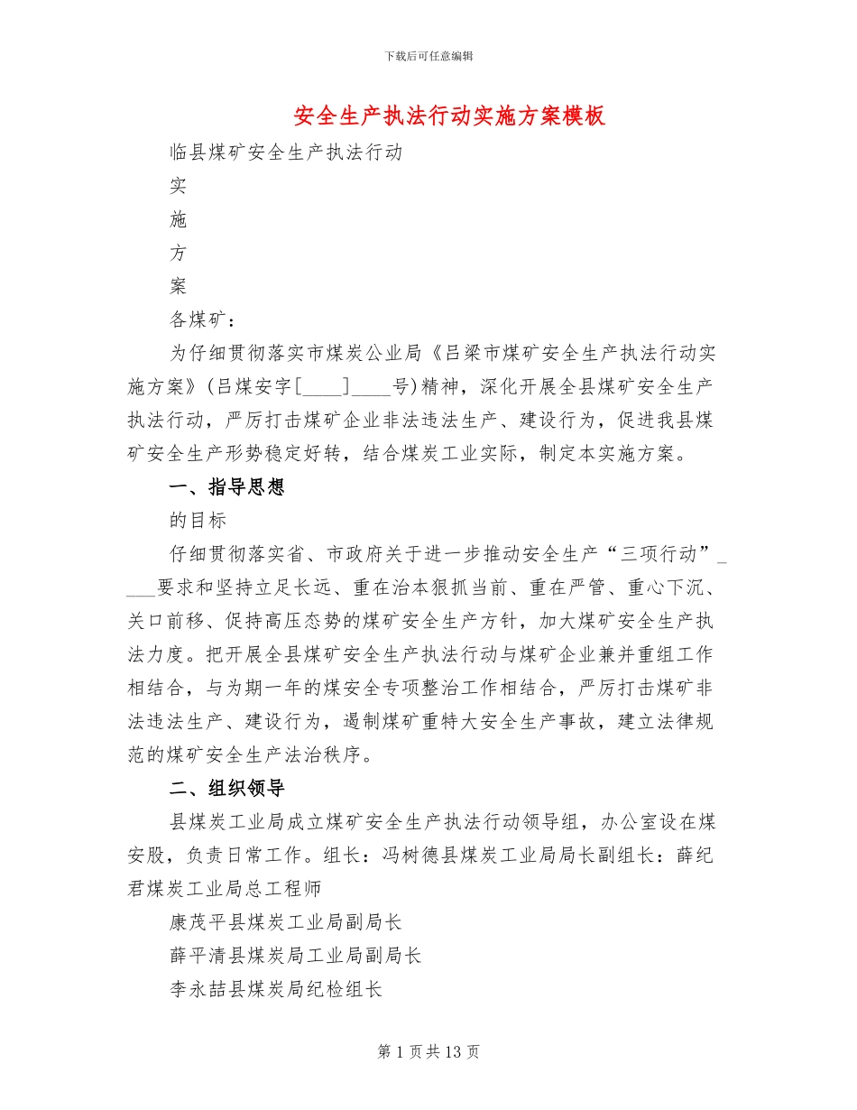 安全生产执法行动实施方案模板_第1页