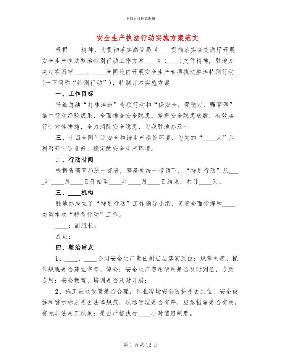 安全生产执法行动实施方案范文_第1页