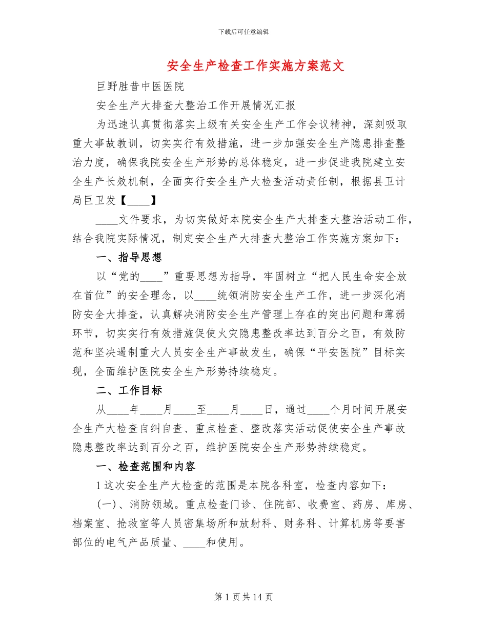 安全生产检查工作实施方案范文_第1页