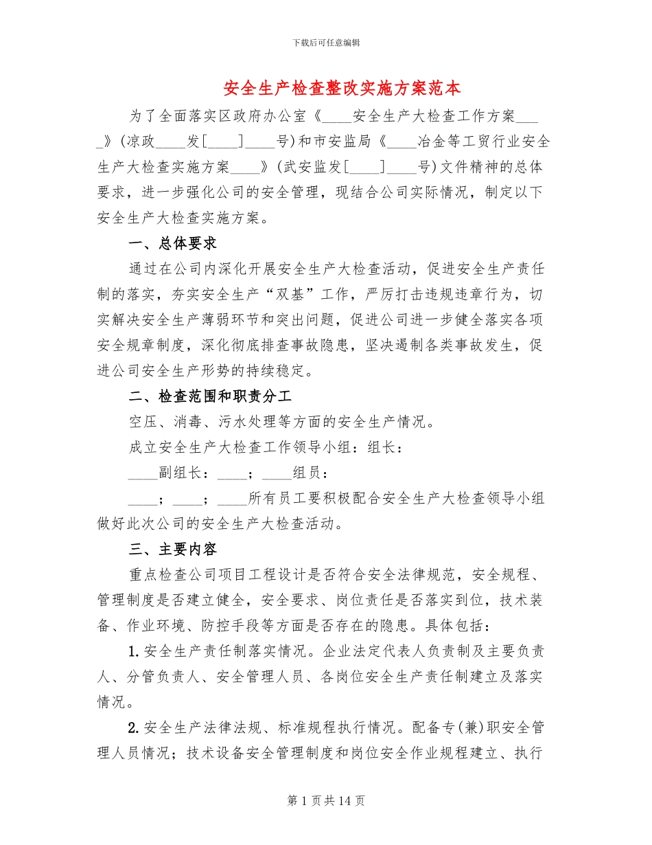安全生产检查整改实施方案范本_第1页