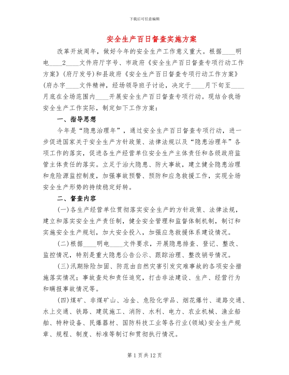 安全生产百日督查实施方案_第1页