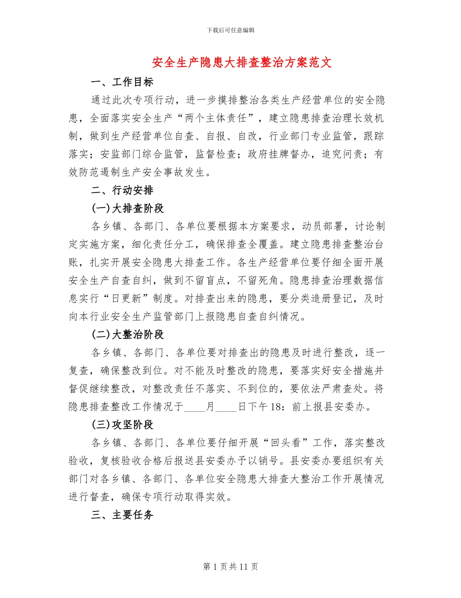 安全生产隐患大排查整治方案范文_第1页
