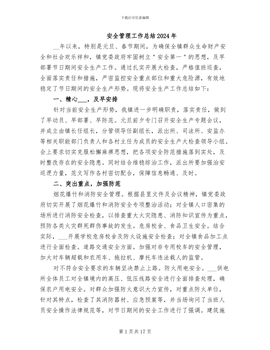 安全管理工作总结2024年_第1页