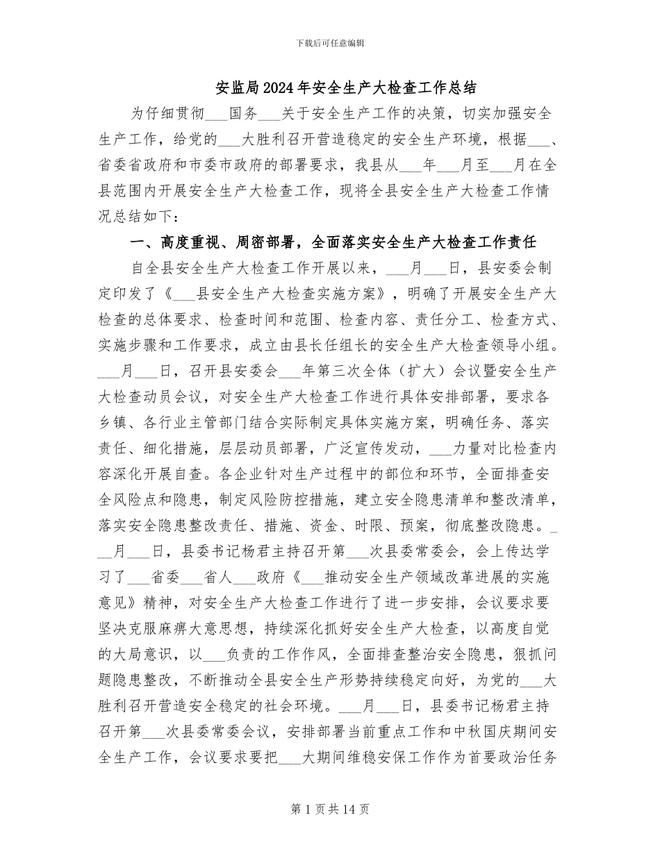 安监局2024年安全生产大检查工作总结_第1页