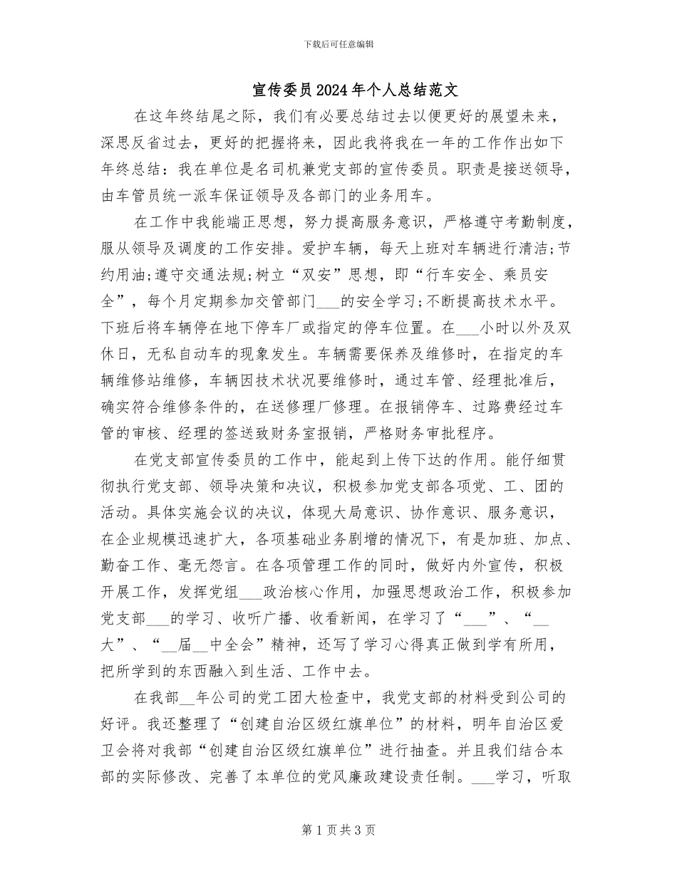 宣传委员2024年个人总结范文_第1页