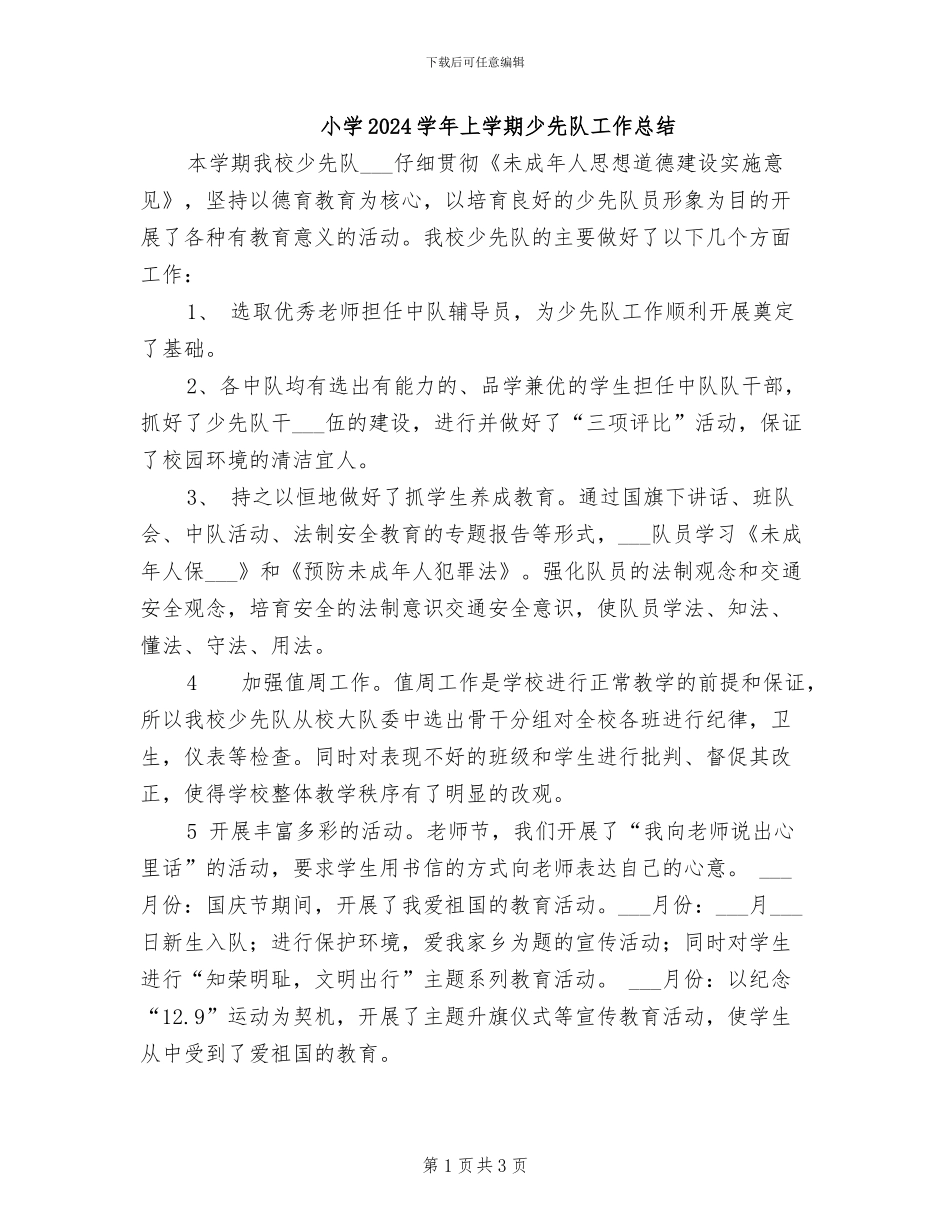小学2024学年上学期少先队工作总结_第1页