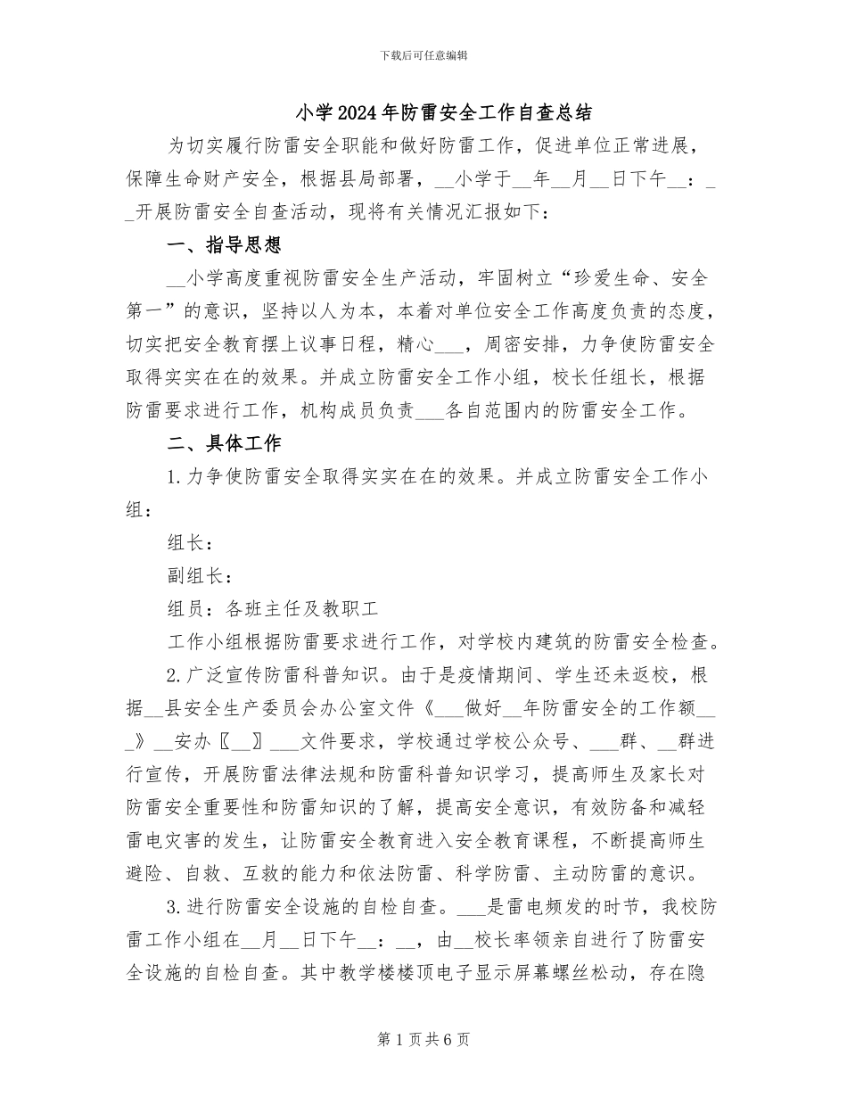 小学2024年防雷安全工作自查总结_第1页