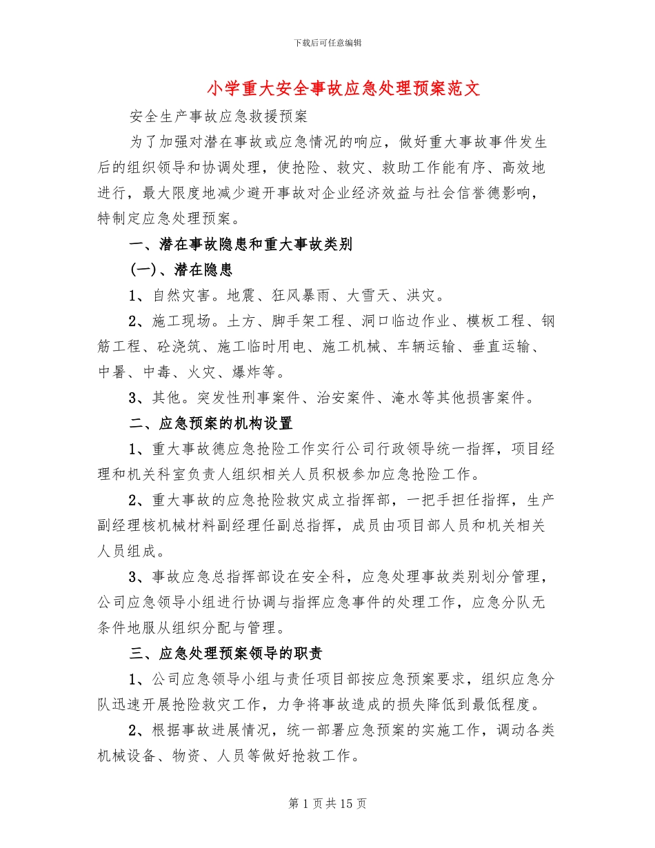小学重大安全事故应急处理预案范文_第1页