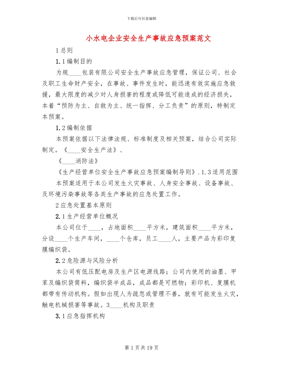 小水电企业安全生产事故应急预案范文_第1页