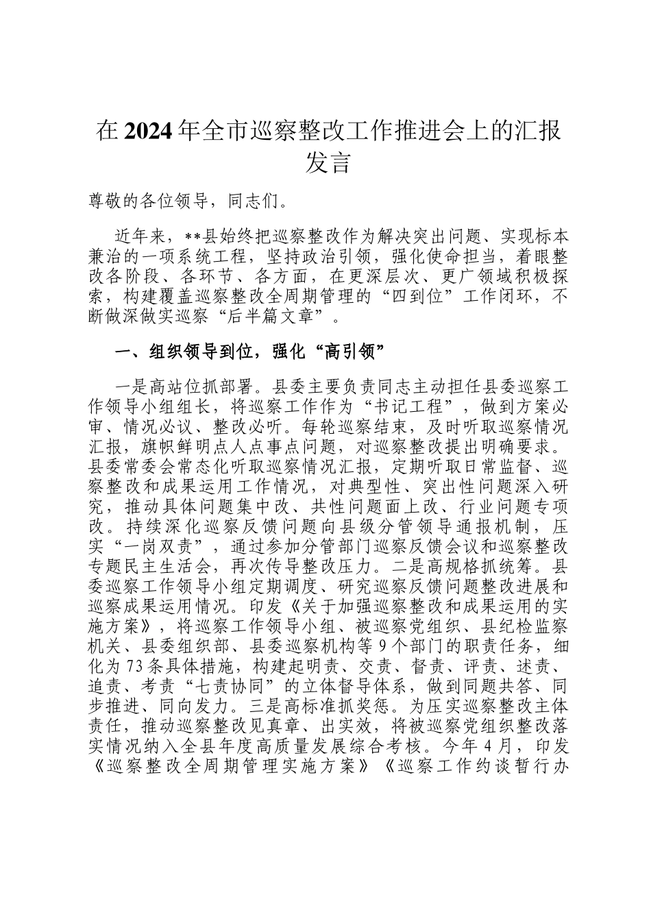 在2024年全市巡察整改工作推进会上的汇报发言_第1页