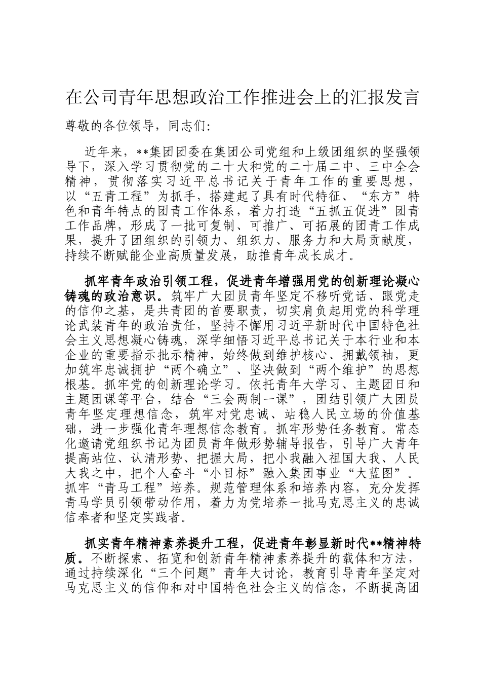 在公司青年思想政治工作推进会上的汇报发言_第1页