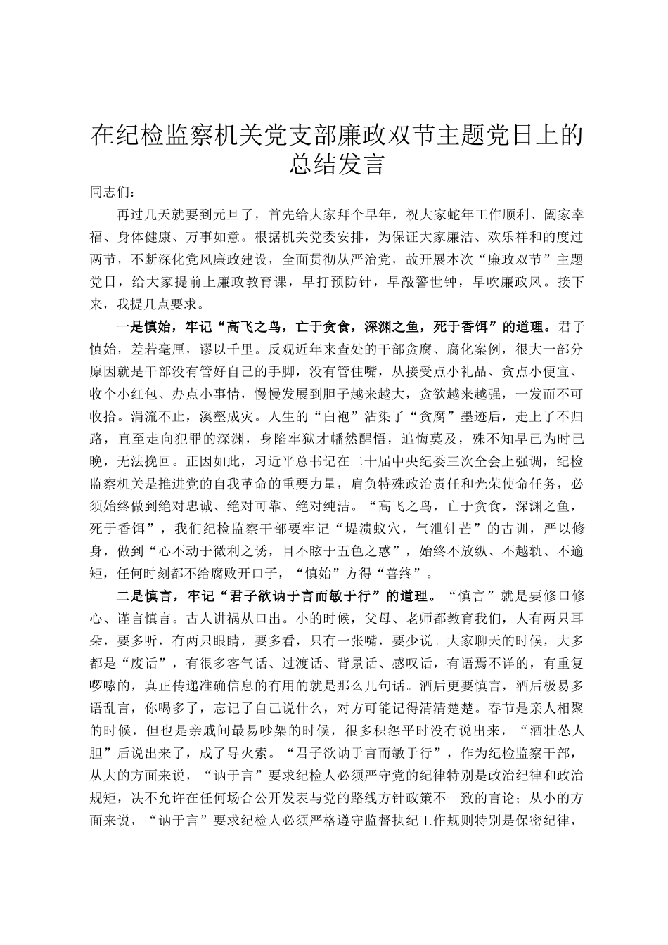 在纪检监察机关党支部廉政双节主题党日上的总结发言_第1页