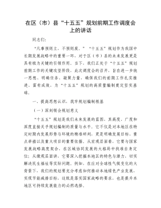 在区（市）县“十五五”规划前期工作调度会上的讲话