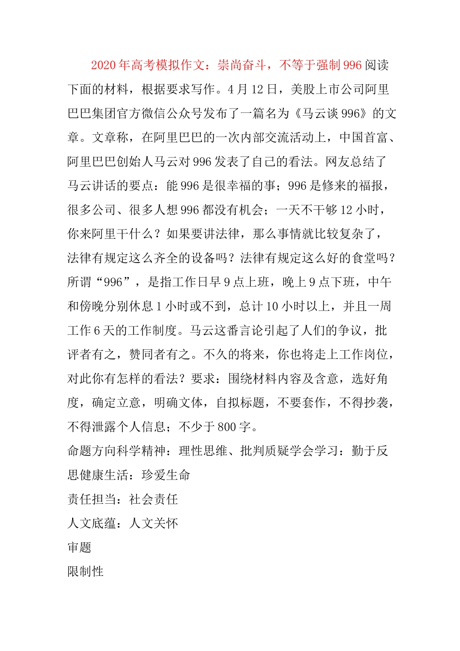 2020年高考模拟作文：崇尚奋斗,不等于强制996_第1页