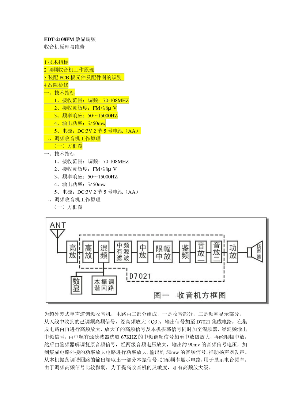 EDT2108FM数显调频收音机原理与维修_第1页